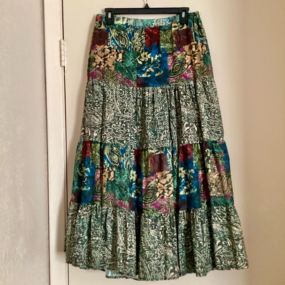 Cupio Maxi Skirt Green Paisley Multicolor Floral Patchwork Print Size Medium